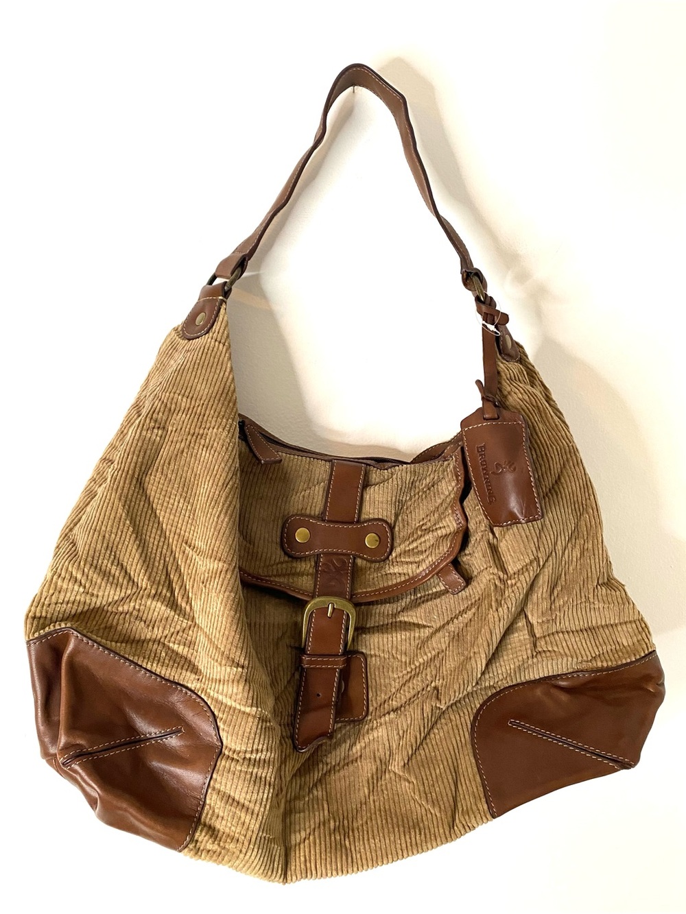Browning Tan Corduroy Brown Trim Slouchy Hobo Shoulder Bag Y2K
